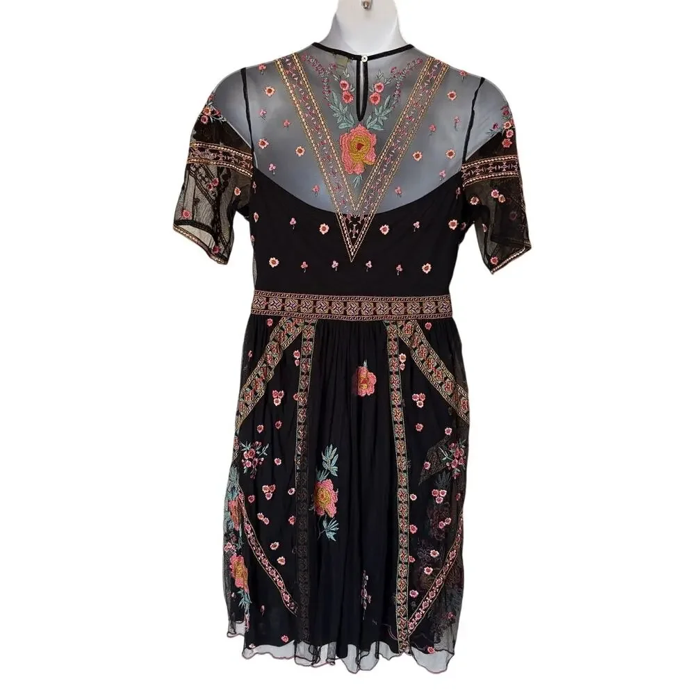 Sundance Roxanna Embroidered Mesh Dress Boho Fall Wedding Cocktail Dress size L